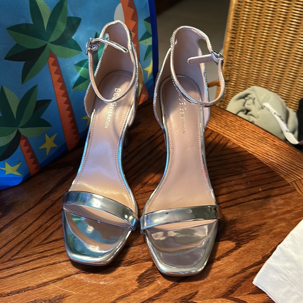 BCBGeneration size 8 dressy Silver Ankle Strap Dress Sandals - Picture 1 of 10